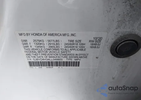 2020 Acura Mdx Standard z USA, uszkodzony, nr VIN 5J8YD4H34LL048800
